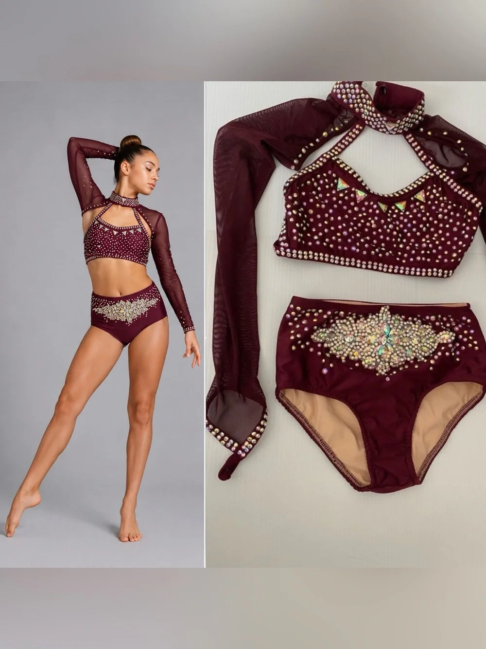 Glamour solo dance costume burgundy red 2 piece jazz contemporary MC-Med child